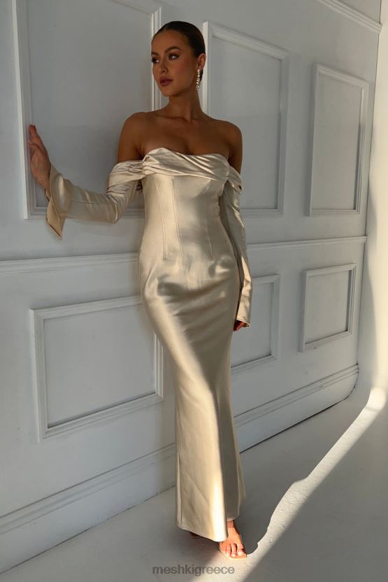 Meshki Giselle Off Shoulder Cowl Neck Maxi Dress Gold Clothing JJN40N120