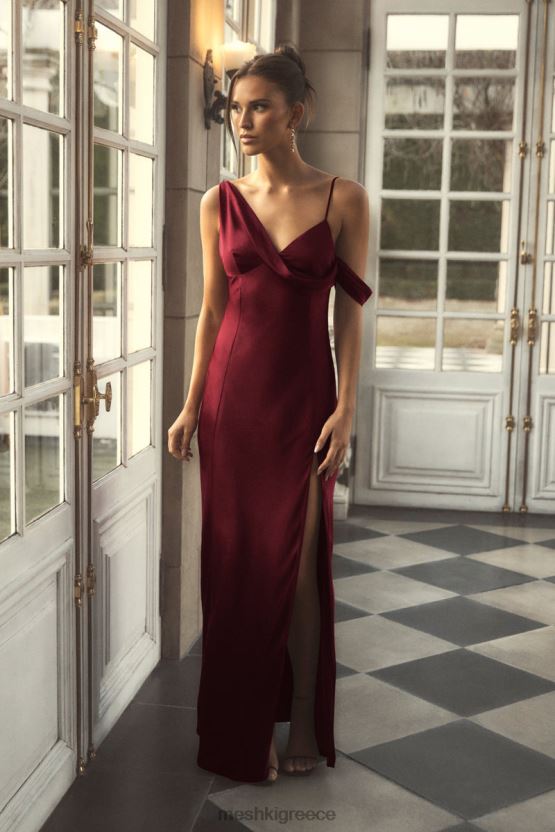 Meshki Soleil Satin Off Shoulder Maxi Dress Berry Clothing JJN40N28 - Κάντε κλικ στην εικόνα για κλείσιμο