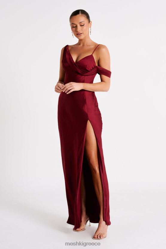 Meshki Soleil Satin Off Shoulder Maxi Dress Berry Clothing JJN40N28