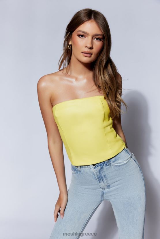 Meshki crop top από ψεύτικο δέρμα στράπλες pamela λεμόνι είδη ένδυσης JJN40N781