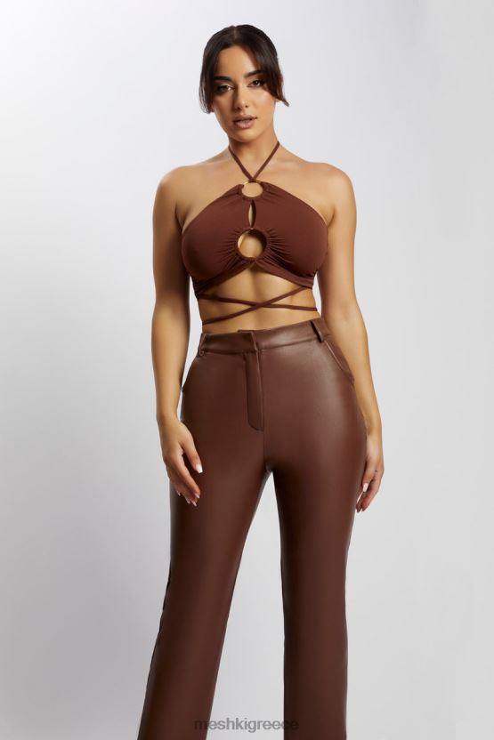 Meshki crop top με καπίστρι sabrina ruched σοκολάτα είδη ένδυσης JJN40N1169