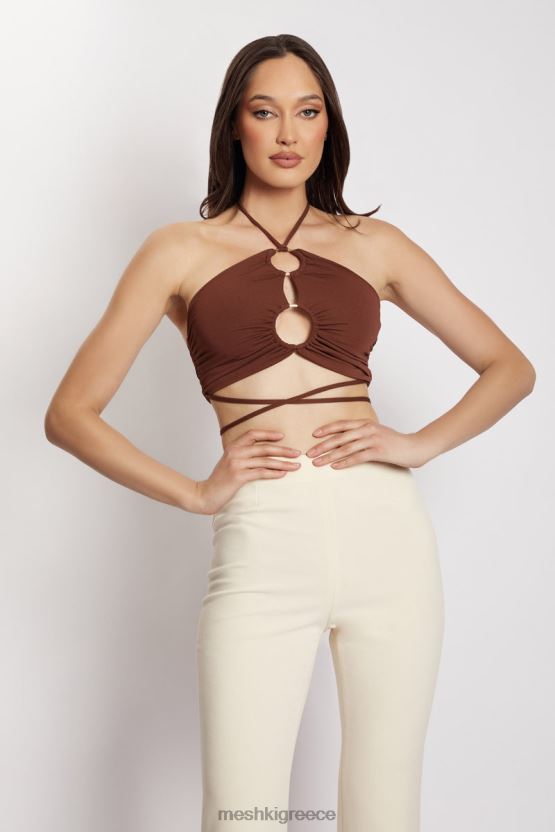 Meshki crop top με καπίστρι sabrina ruched σοκολάτα είδη ένδυσης JJN40N1169